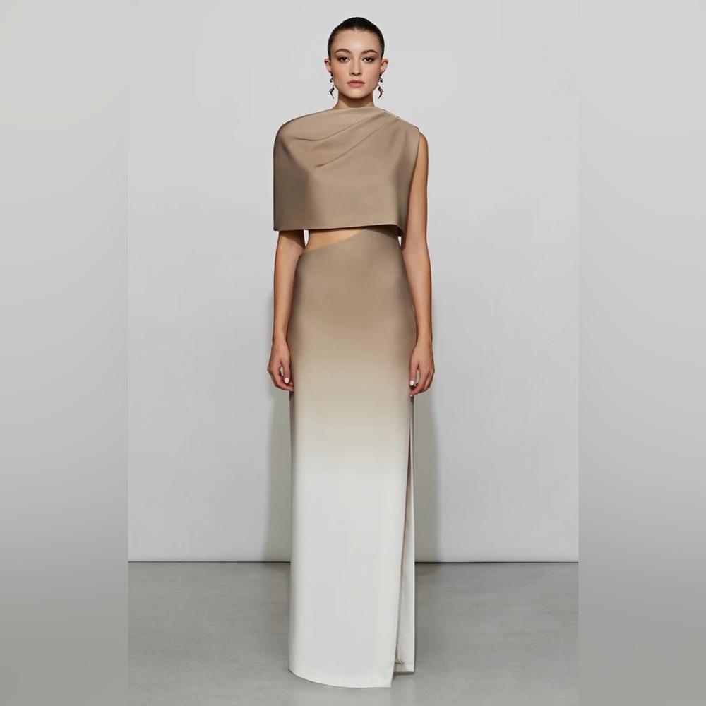 Et Ochs Helena Beige to White Ombre Maxi Dress with Capelet and High Slit